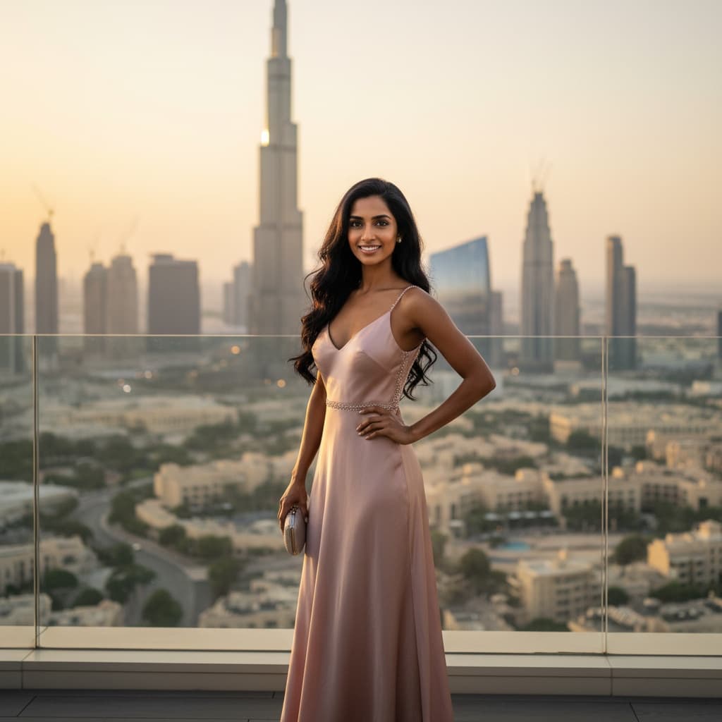 petite indian woman burj khalifa rooftop sunset 51064148