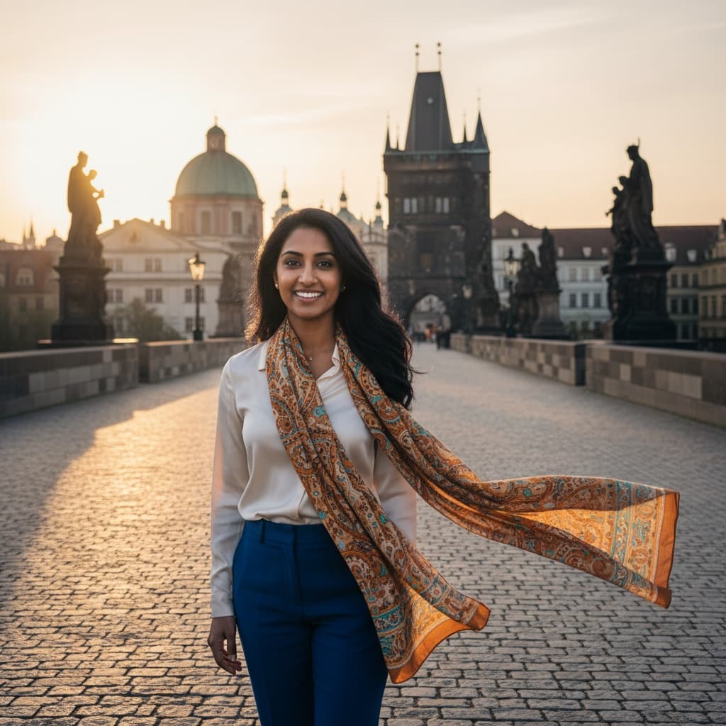 petite indian woman charles bridge sunrise 95246818