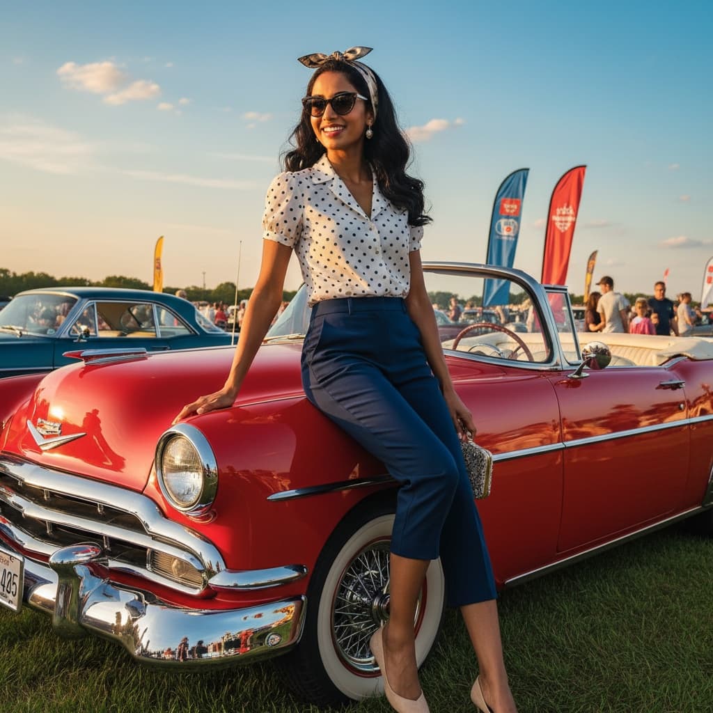 petite indian woman convertible car portrait 51347143