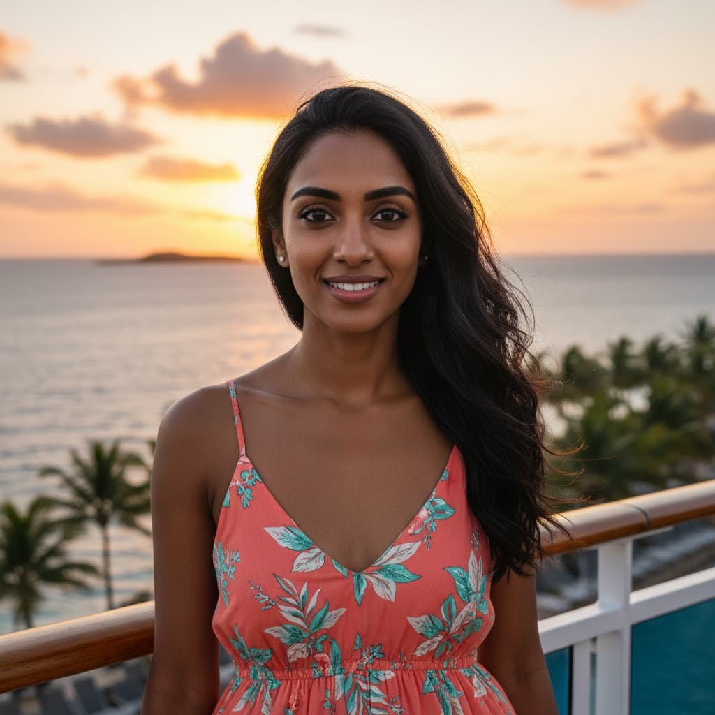 petite indian woman cruise ship deck sunset 51650592