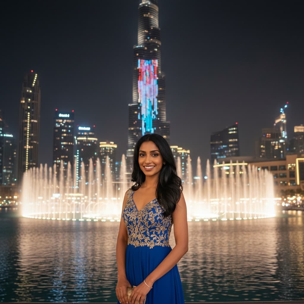 petite indian woman downtown dubai fountain show 92255110