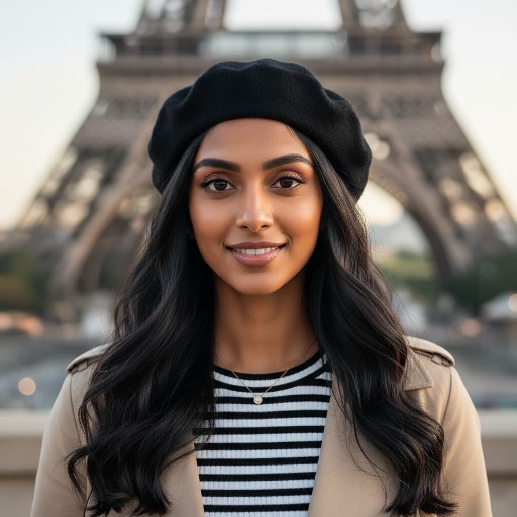 petite indian woman eiffel tower close portrait 78717852