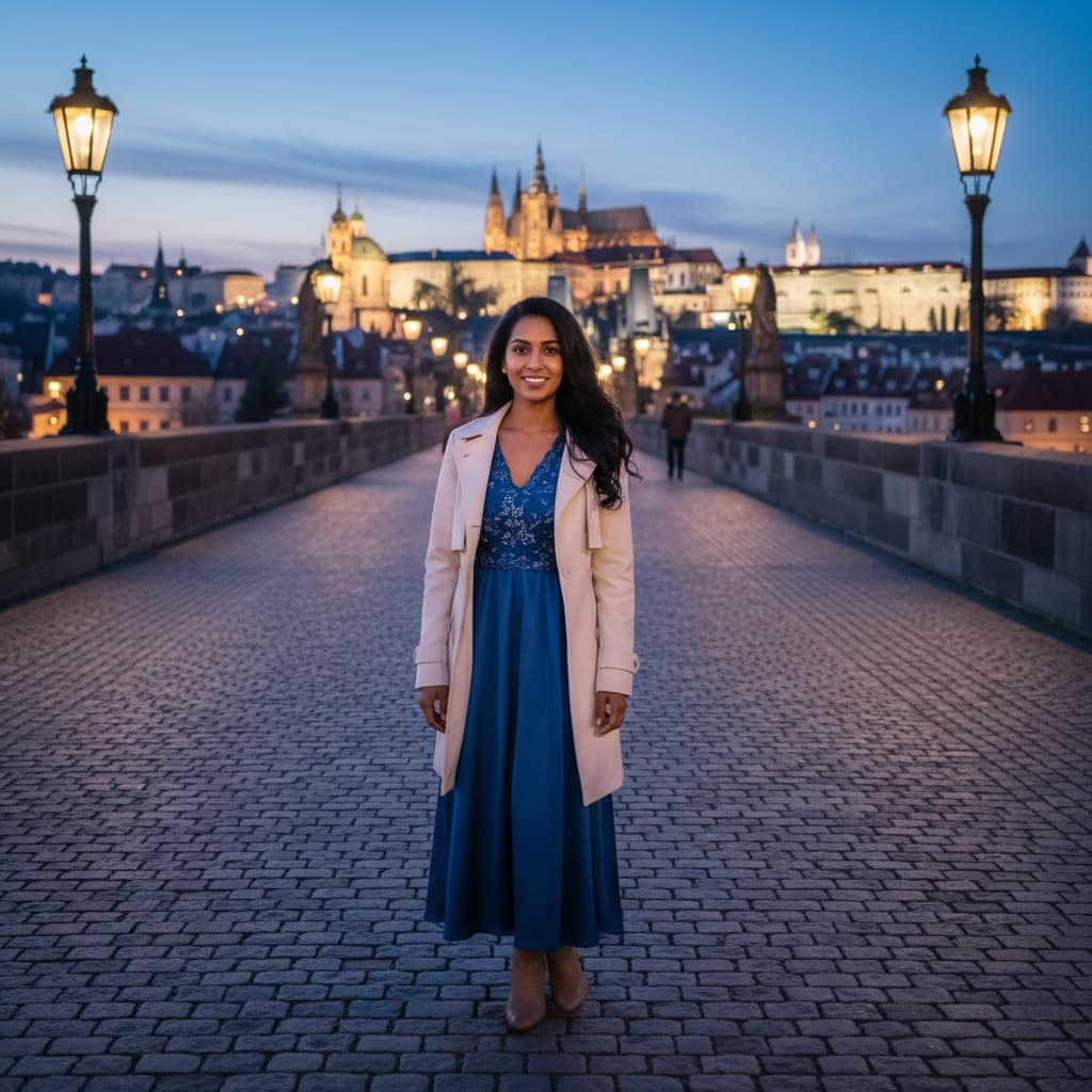 petite indian woman evening illuminated bridge 55550550