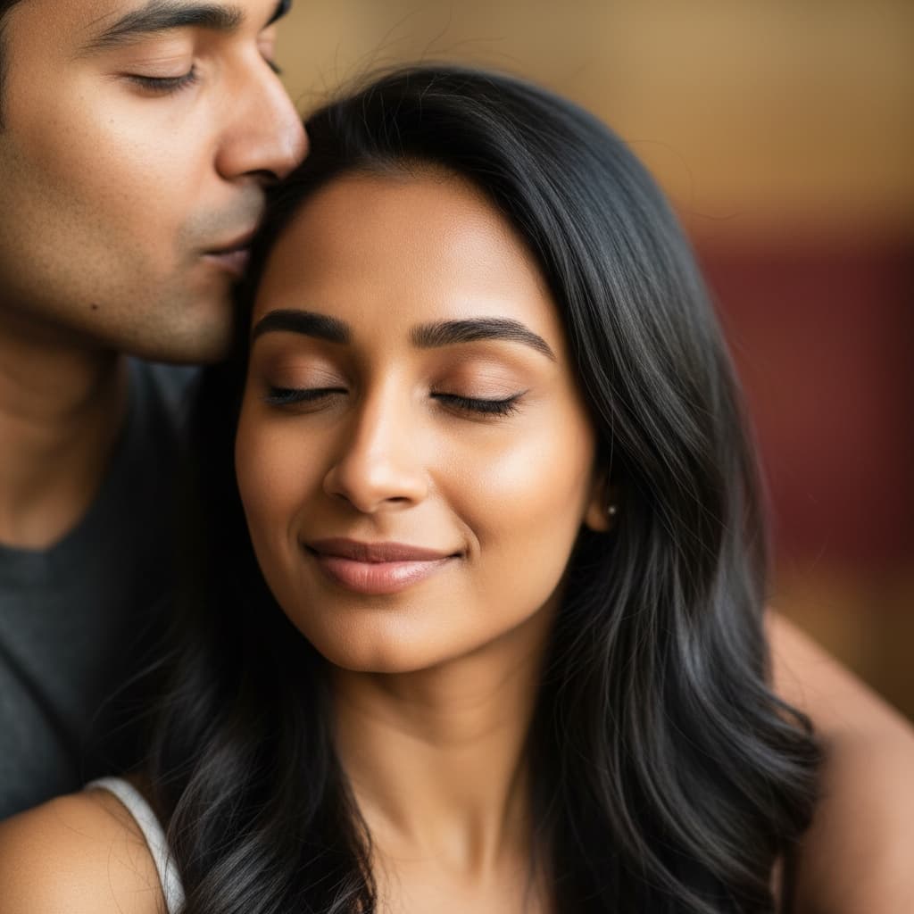 petite indian woman forehead kiss closeup 61681618