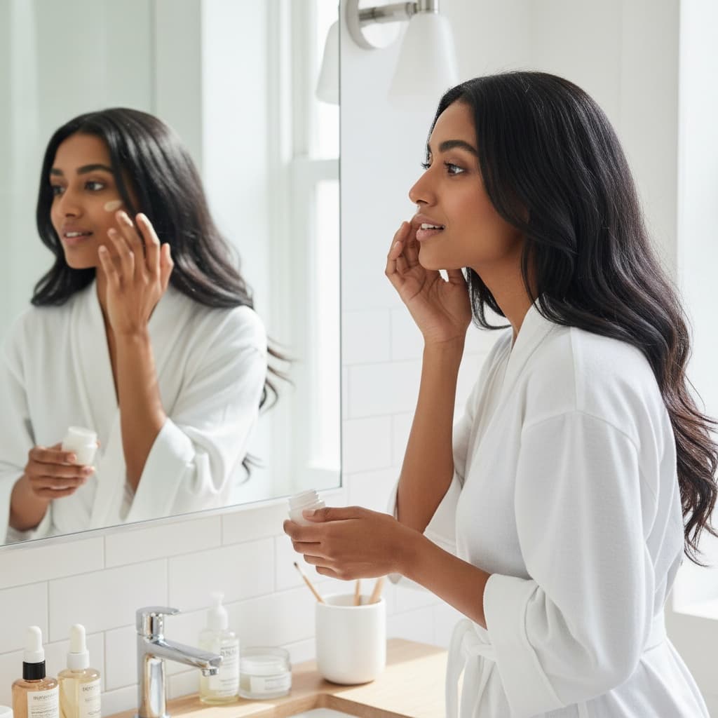 petite indian woman getting ready mirror 80053501