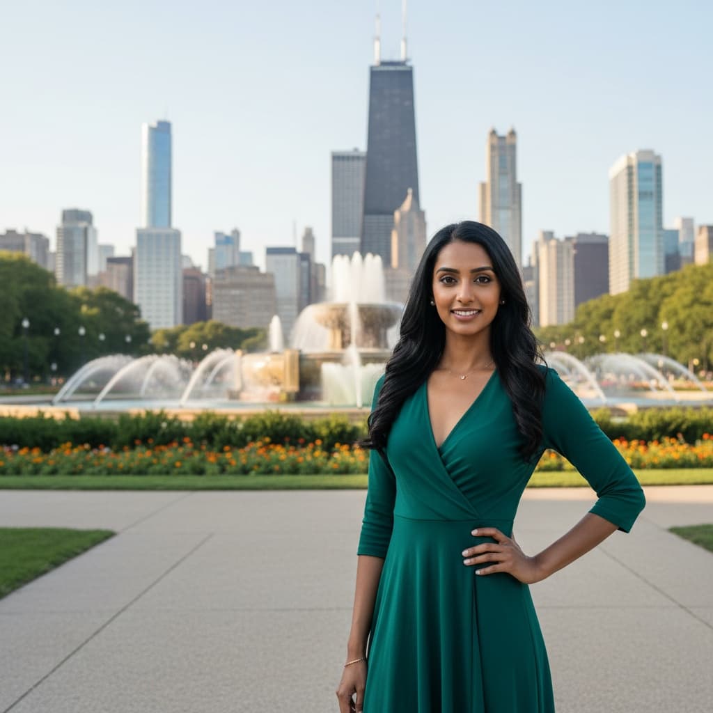 petite indian woman grant park buckingham fountain 76435365