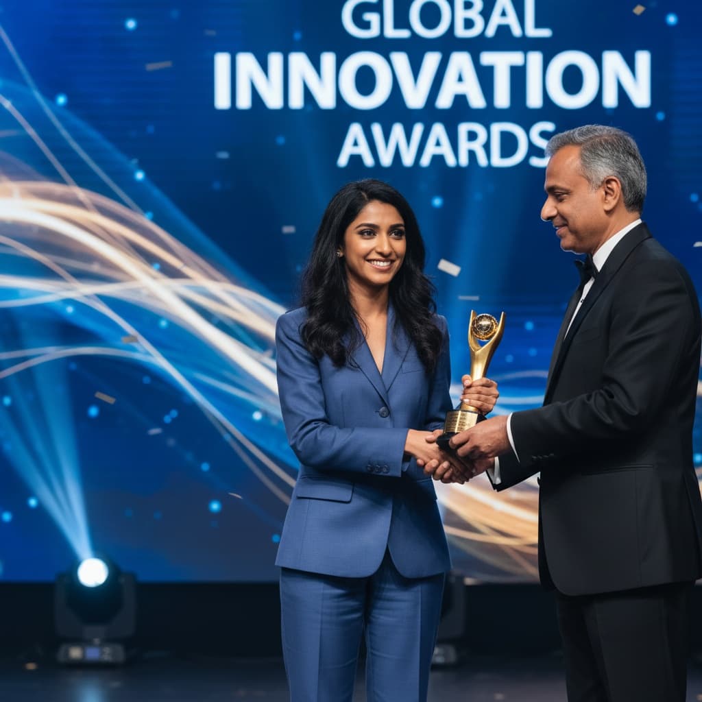 petite indian woman handshake award exchange 98283019