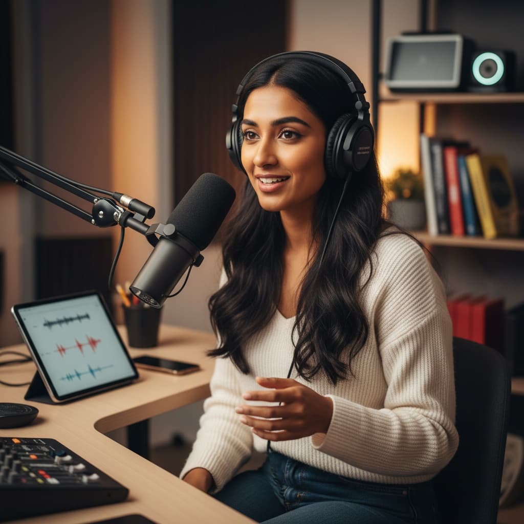 petite indian woman headphones on recording 93084040