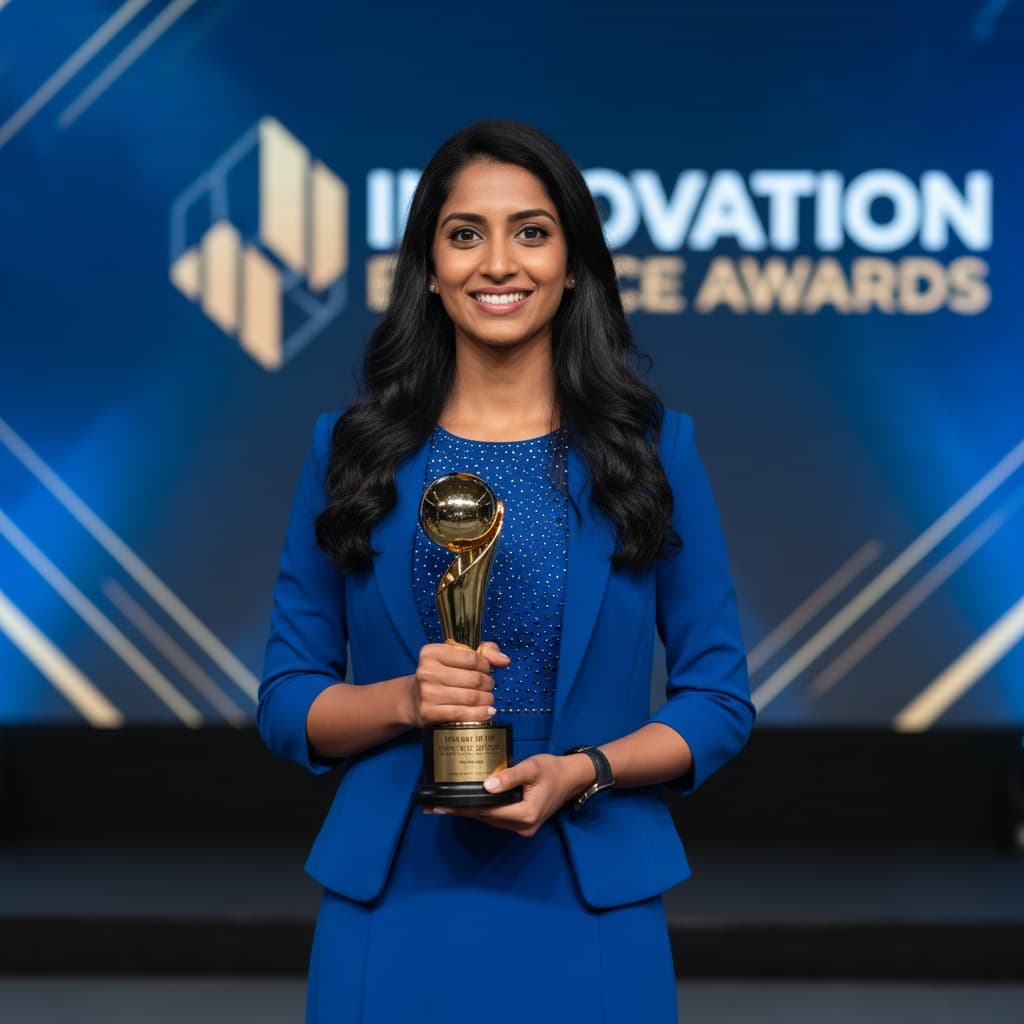 petite indian woman holding trophy portrait 21790899
