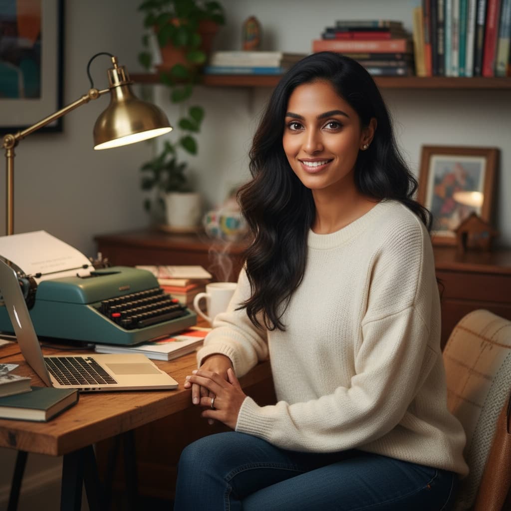 petite indian woman home office creative space 36155658