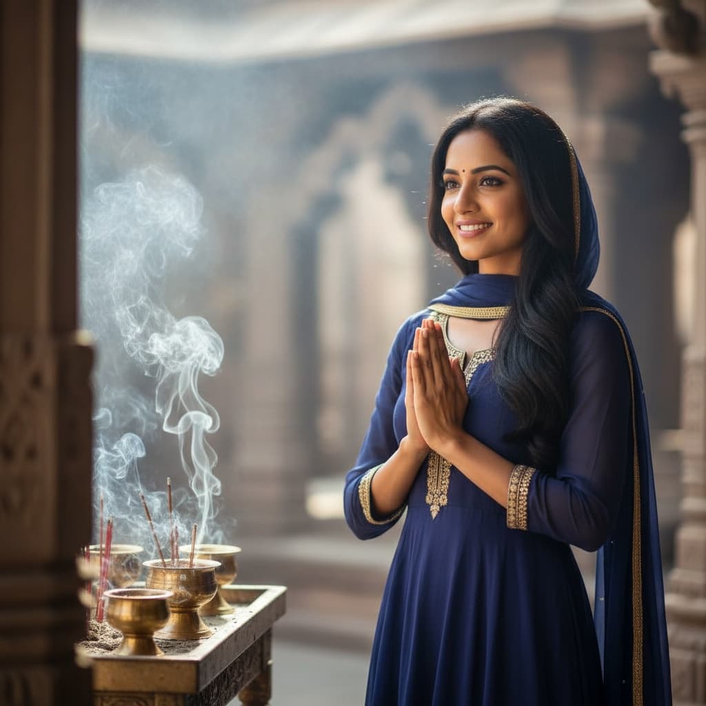 petite indian woman incense smoke offering 11993698