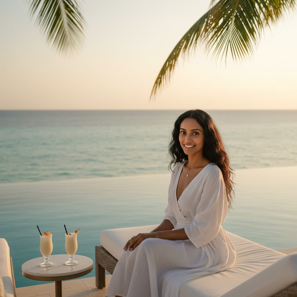 petite indian woman infinity pool ocean view 62360005
