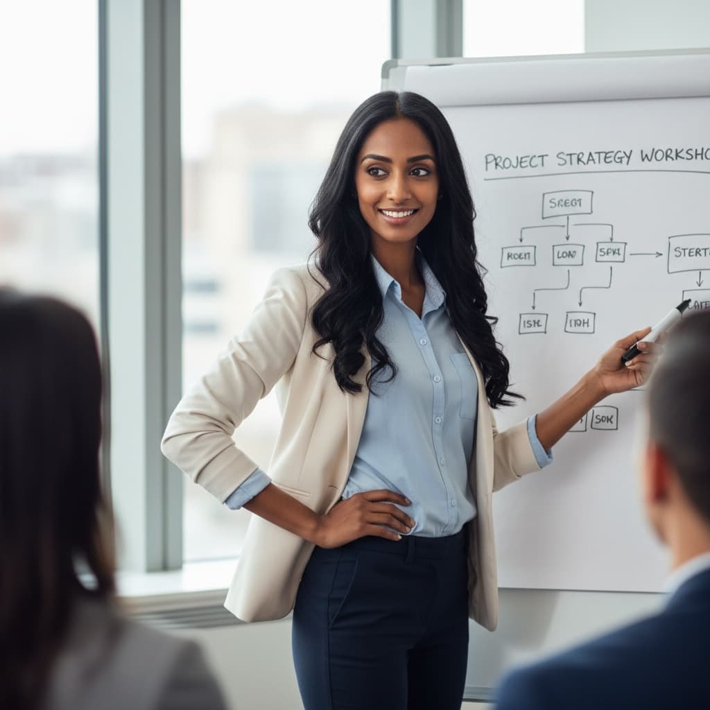 petite indian woman leading workshop whiteboard 44851424