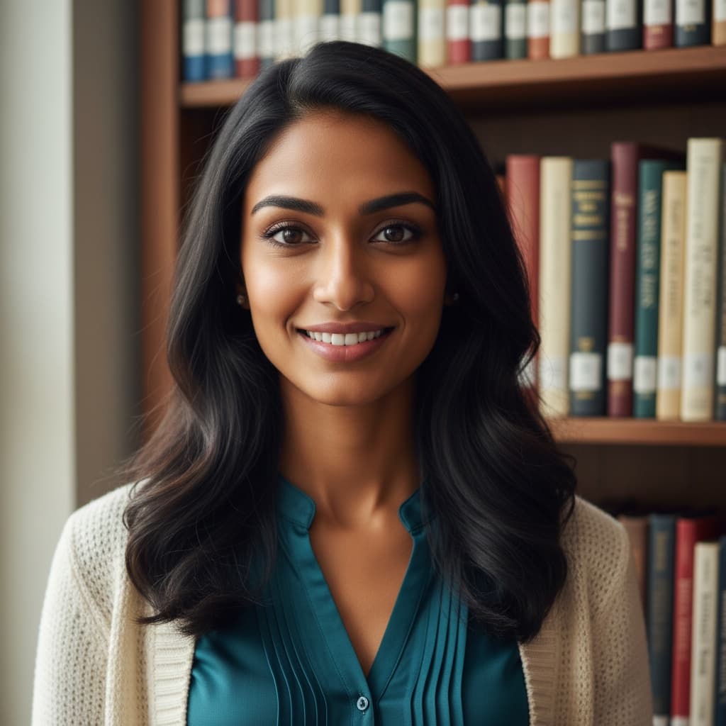 petite indian woman library bookshelf background 83027918