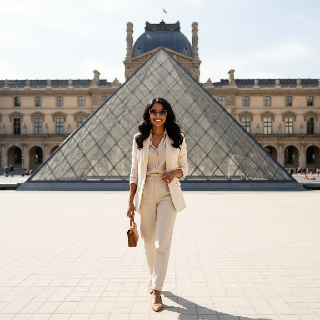 petite indian woman louvre pyramid courtyard 59081907