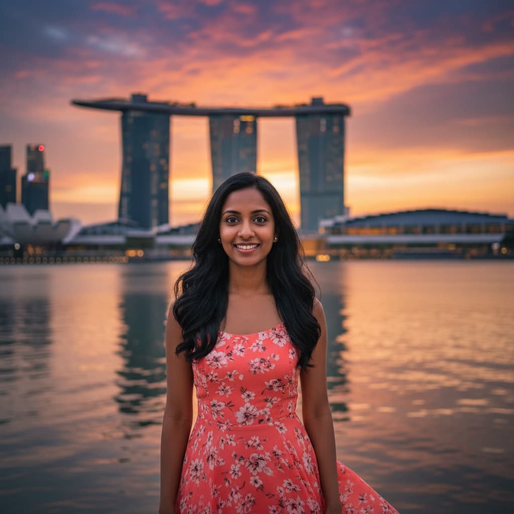 petite indian woman marina bay sands skyline sunset 17142560