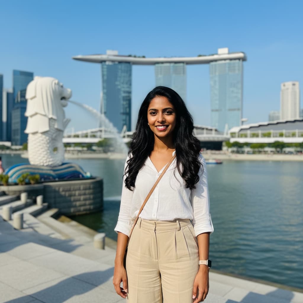 petite indian woman merlion park tourist spot 45336295
