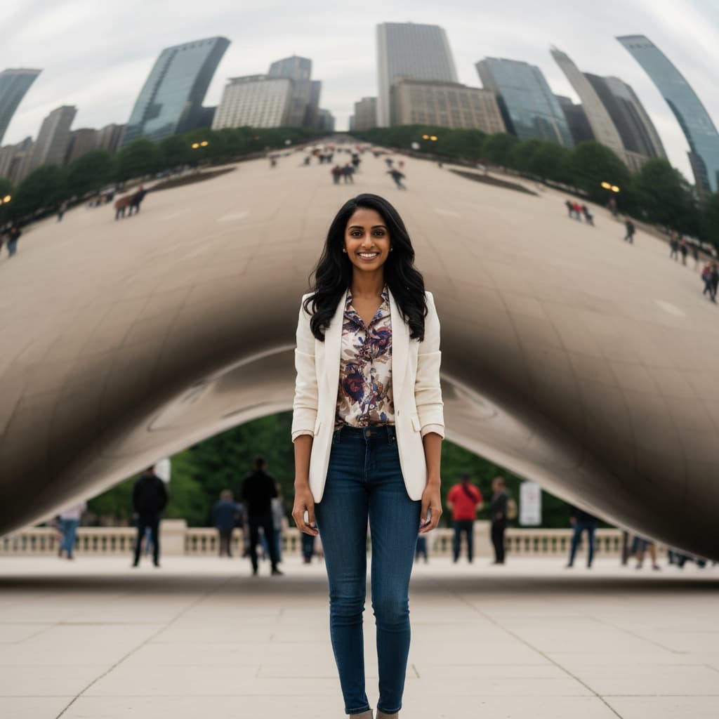petite indian woman millennium park bean sculpture 55610683