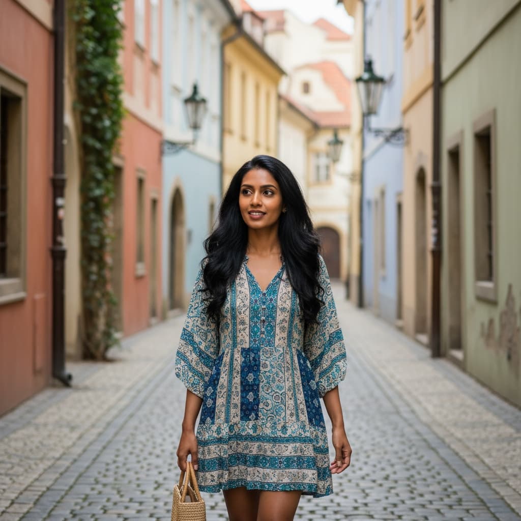 petite indian woman narrow medieval alley 19062670
