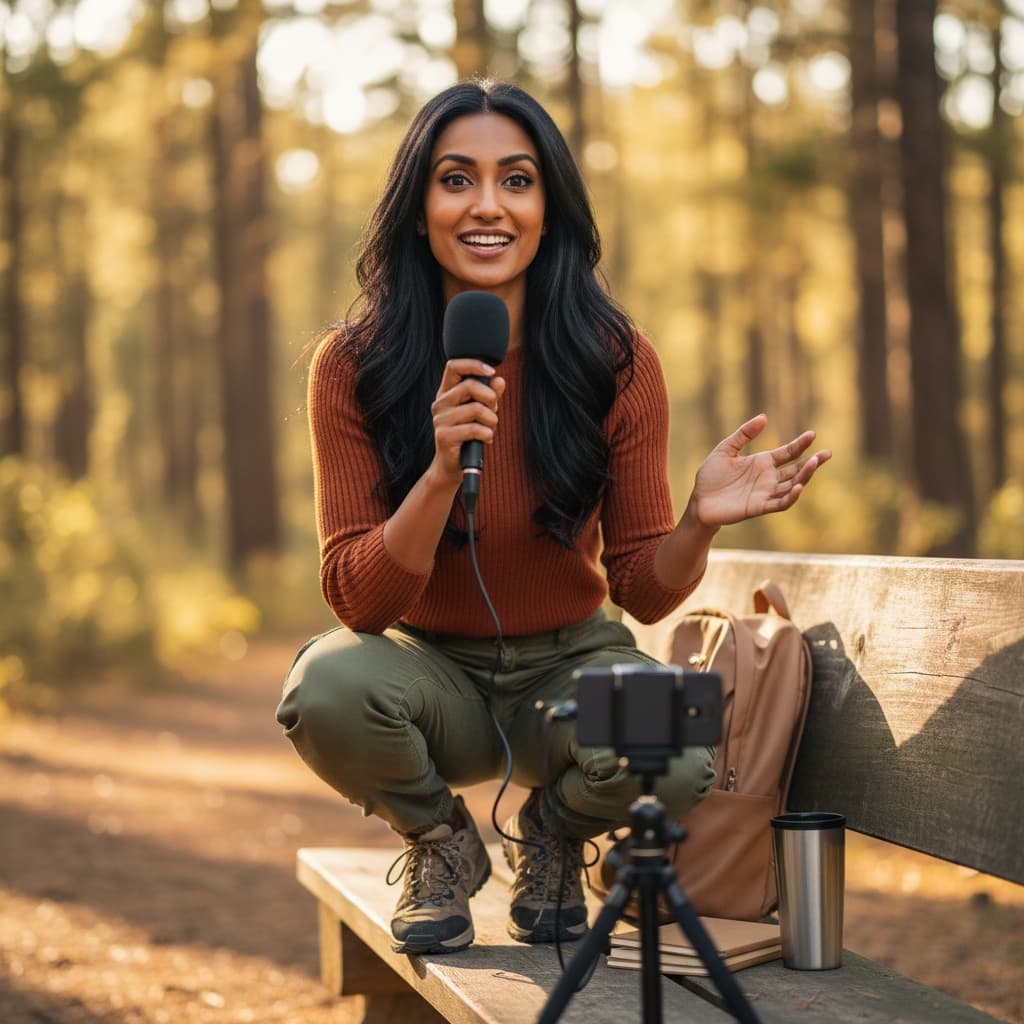 petite indian woman outdoor location recording 17867867