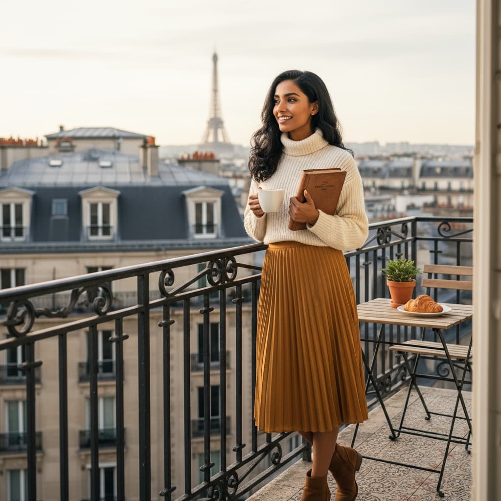 petite indian woman parisian balcony view 77079145