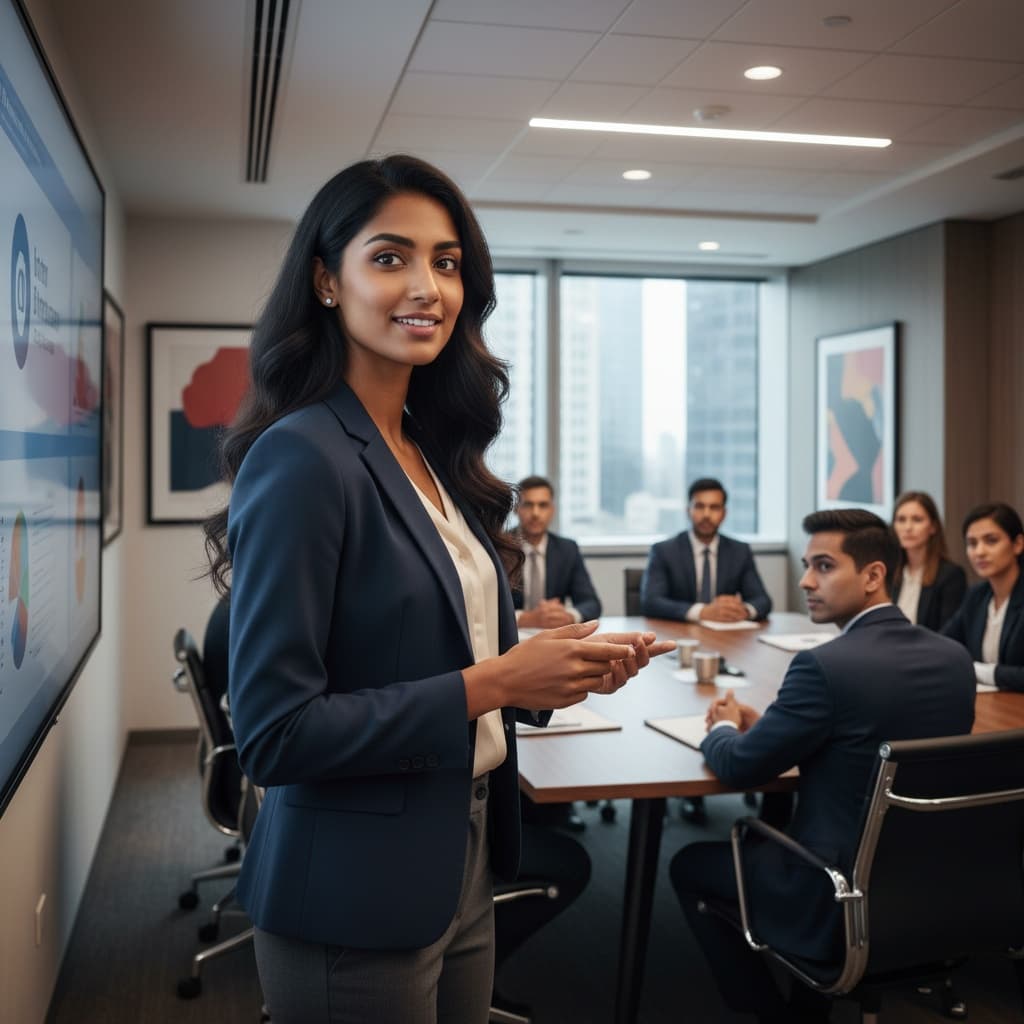 petite indian woman presenting to executives 32248874