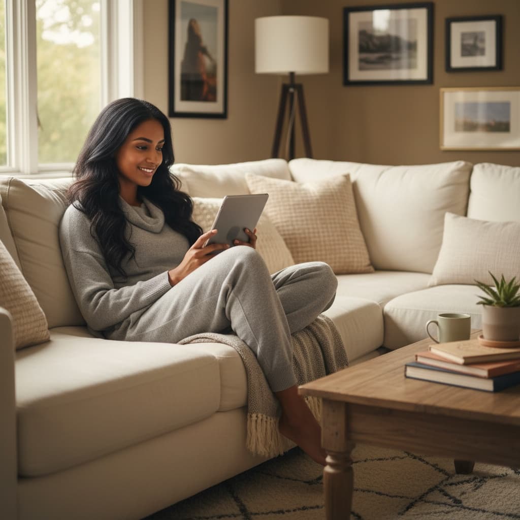 petite indian woman reading relaxing couch 63889998