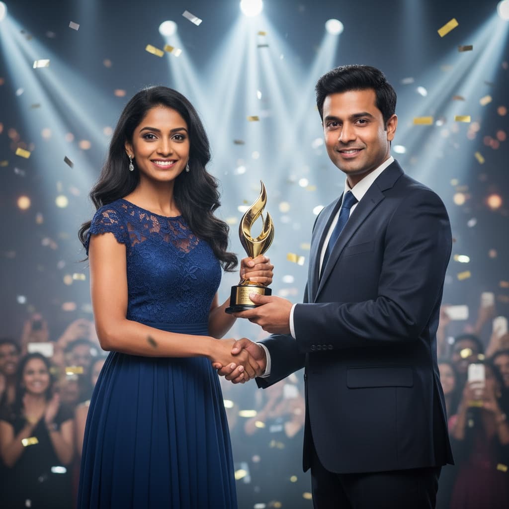 petite indian woman receiving award on stage 39034366