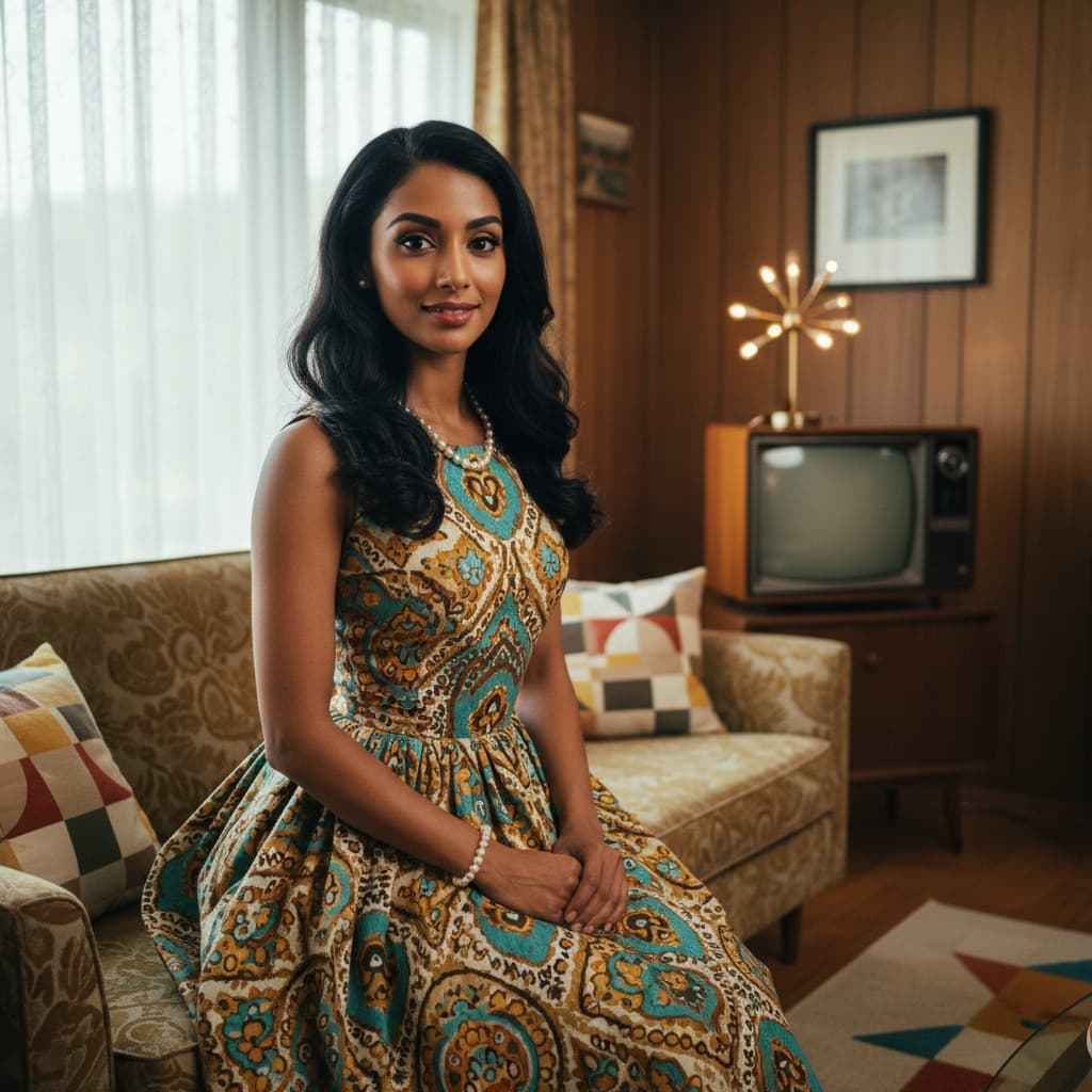 petite indian woman retro living room portrait 38518864