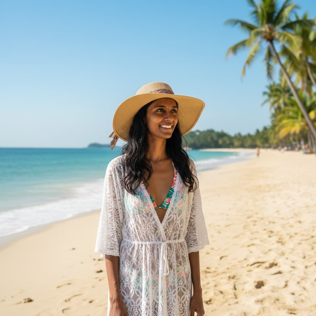petite indian woman sentosa beach tropical 96239743