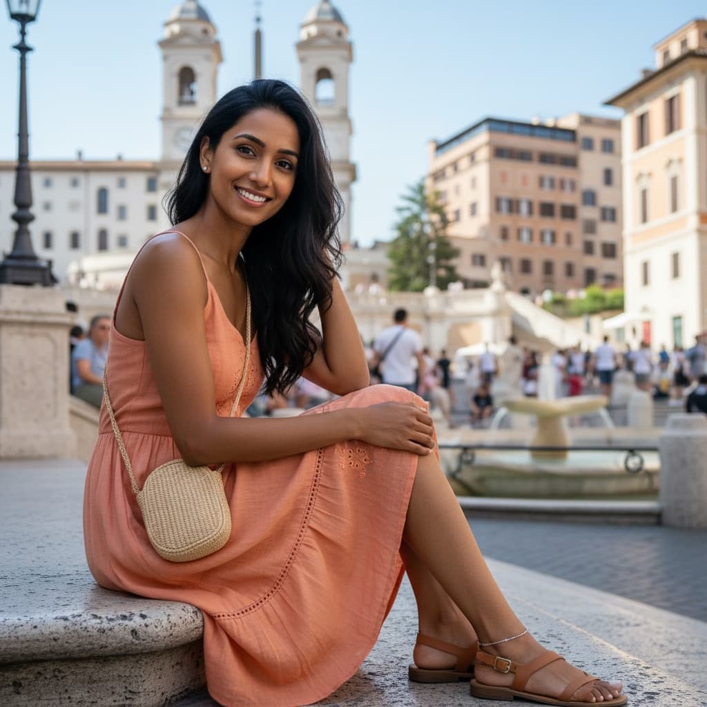 petite indian woman spanish steps seated 36151400