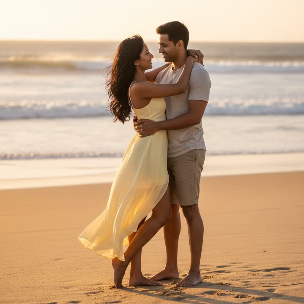 petite indian woman sunset beach embrace 35454138