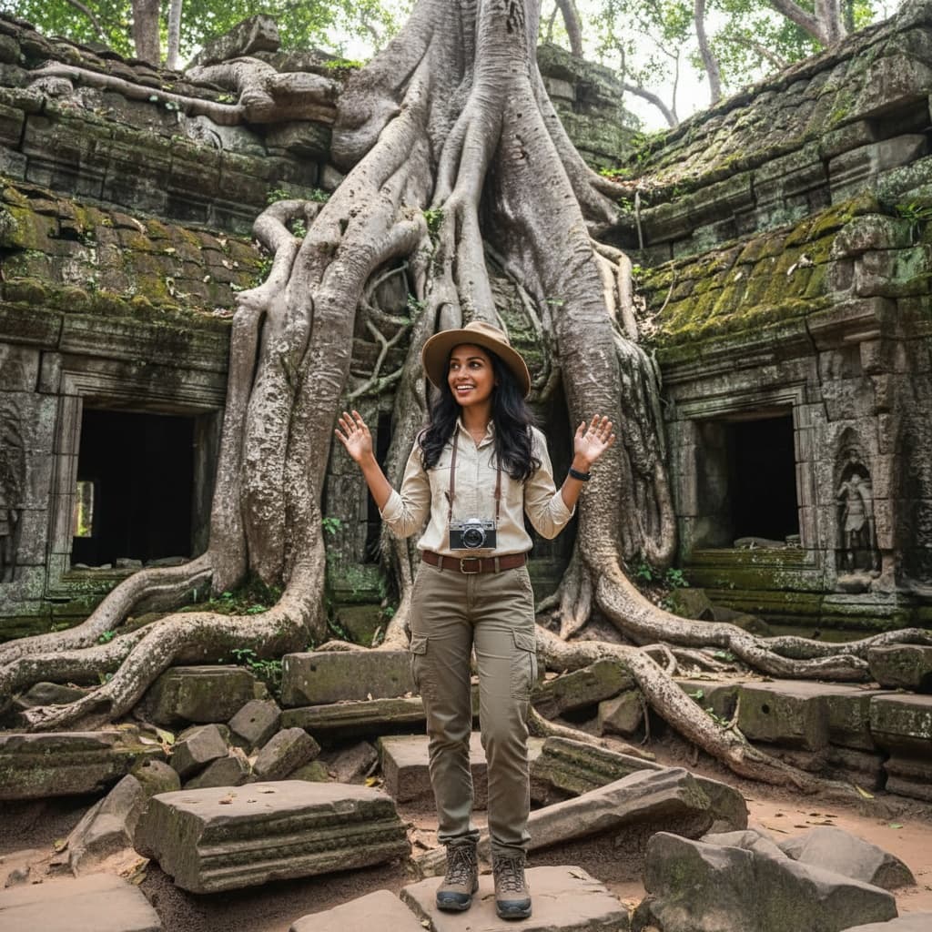 petite indian woman ta prohm jungle temple roots 80969862
