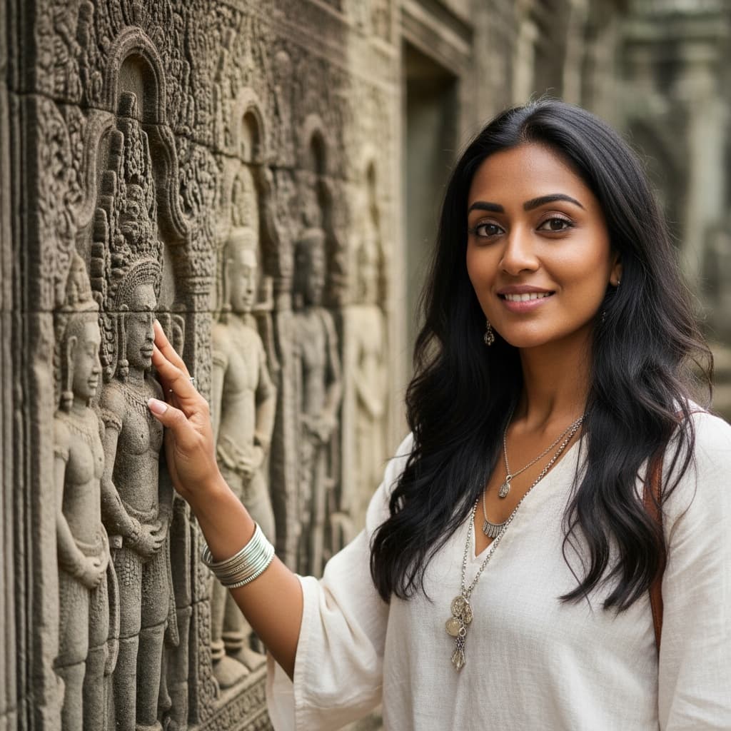 petite indian woman temple bas relief closeup 63160856