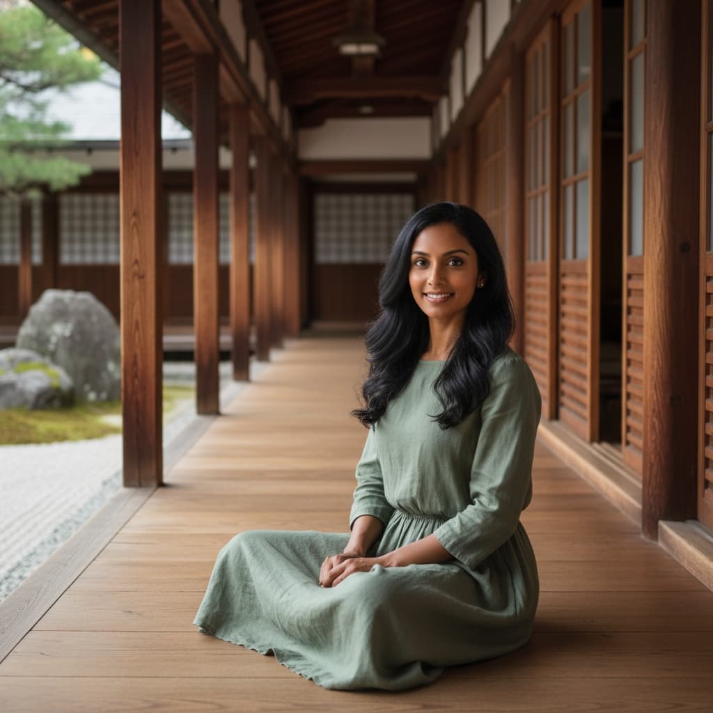 petite indian woman temple corridor meditation 12967191
