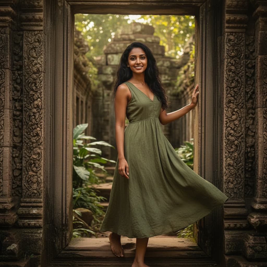 petite indian woman temple doorway framing 59353378