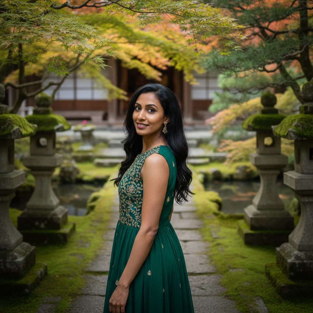 petite indian woman temple steps lanterns 70046175