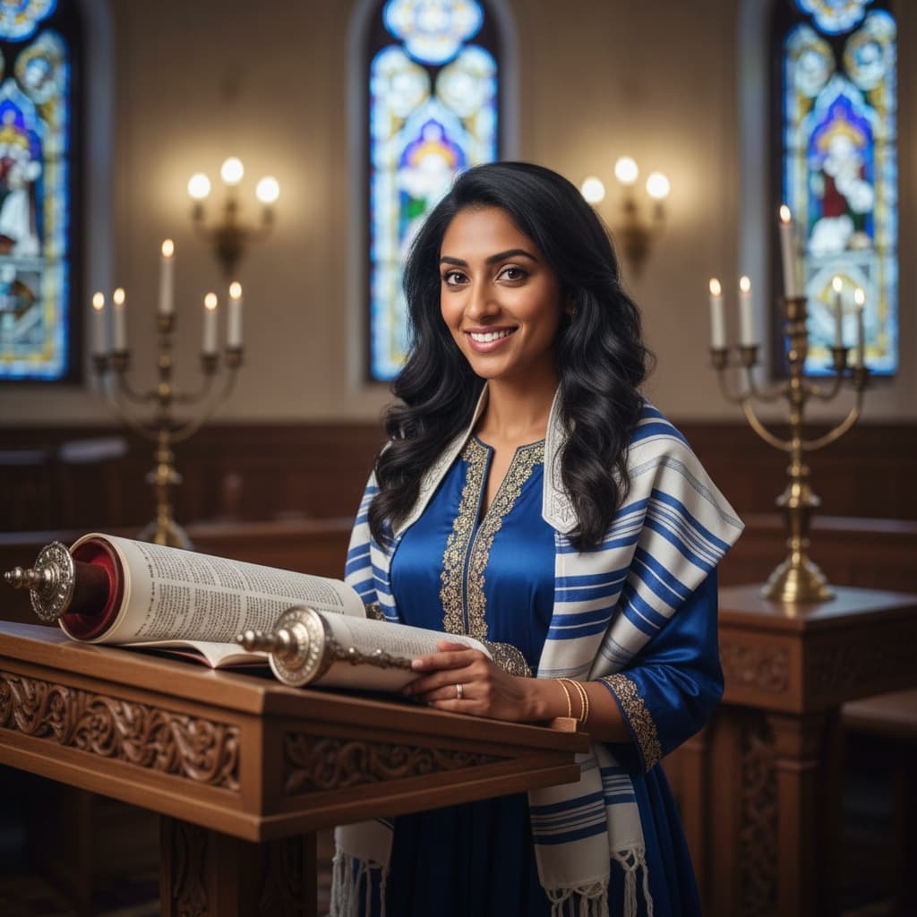 petite indian woman torah reading pose 49984404