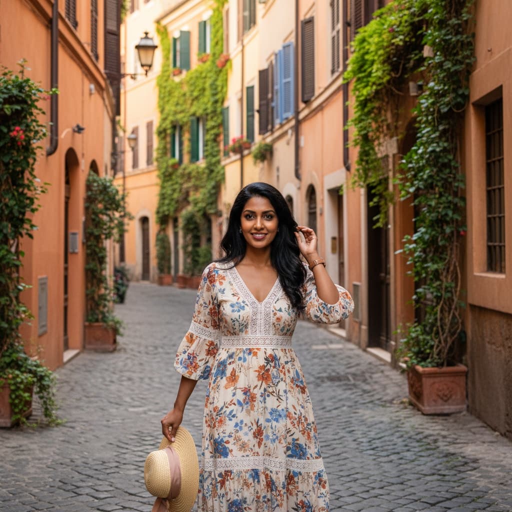 petite indian woman trastevere cobblestone street 28882519