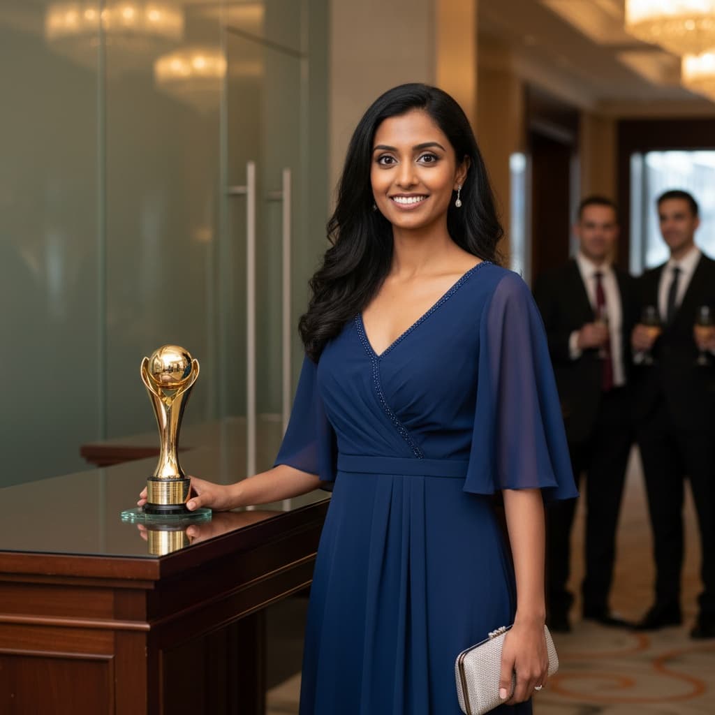 petite indian woman trophy table display 63487428