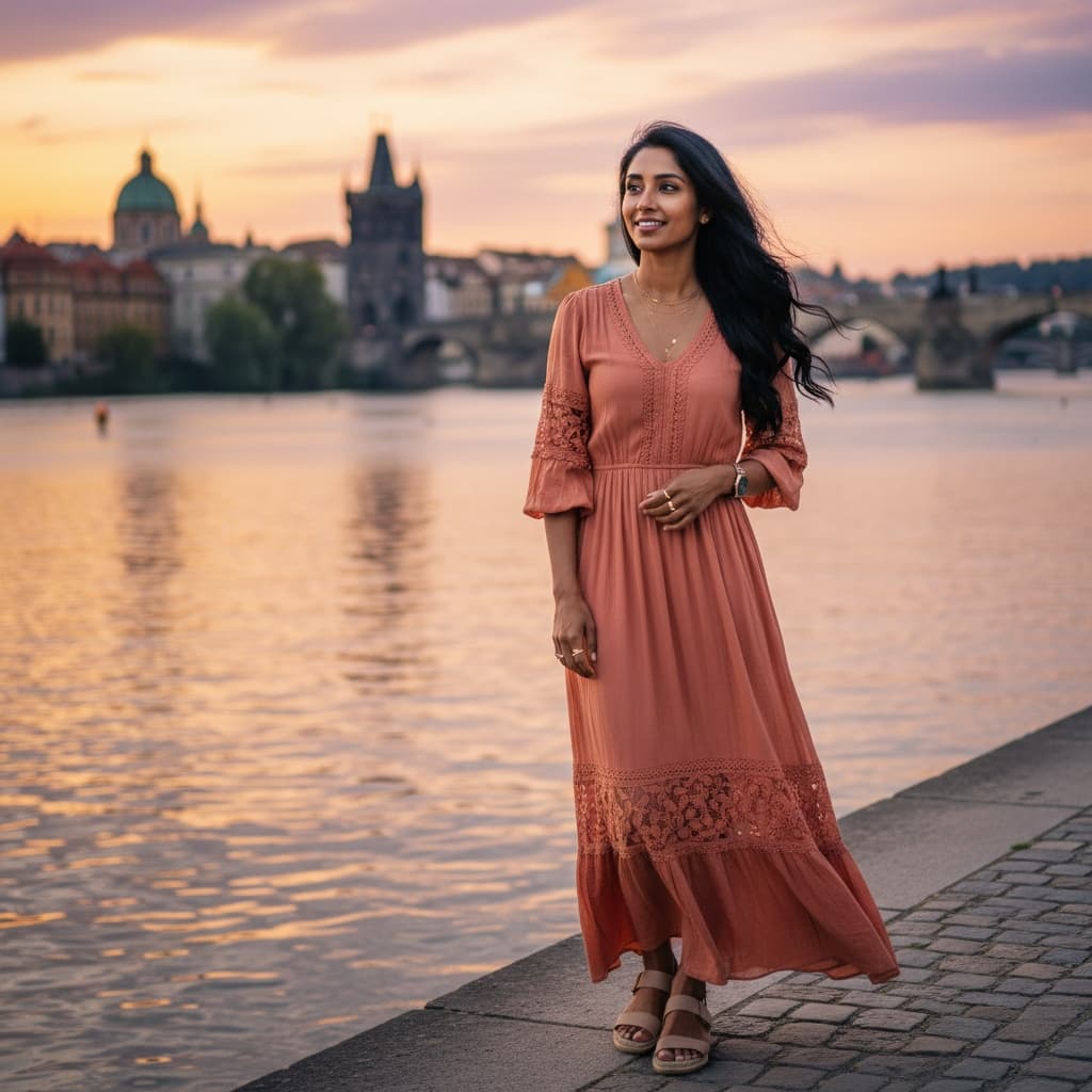 petite indian woman vltava river sunset 13930910