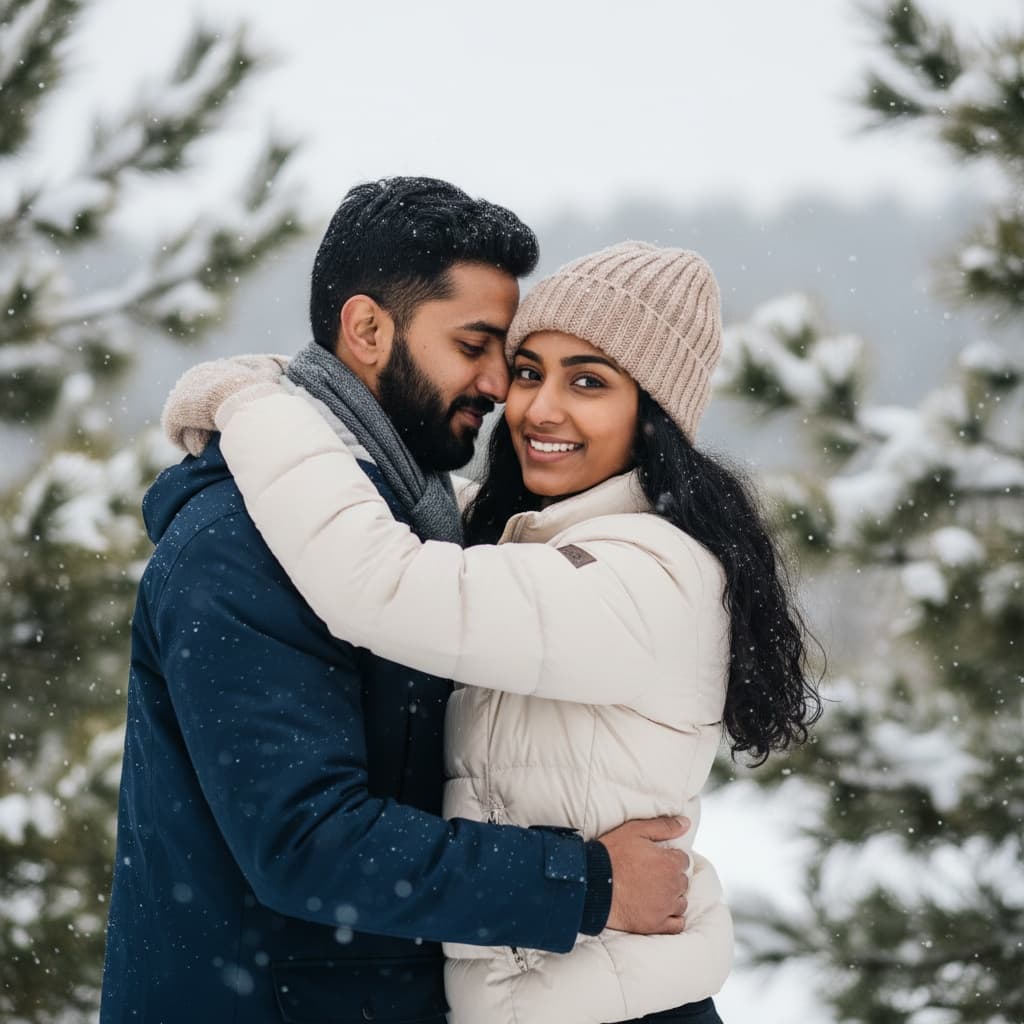 petite indian woman winter snow cuddle 12750630