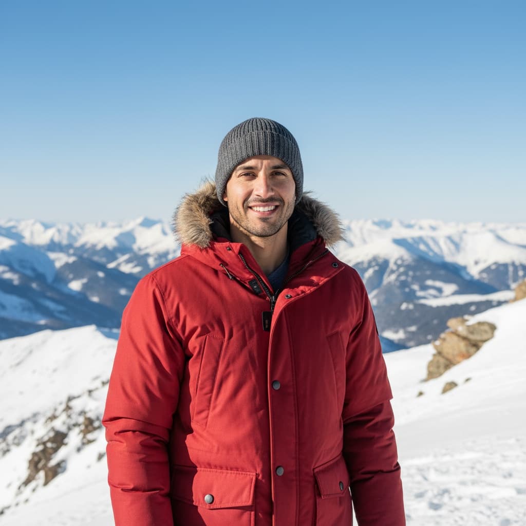 petite latino man snowy mountain portrait 75113941