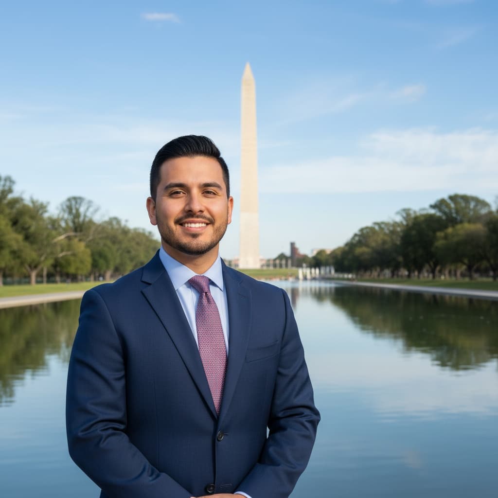 petite latino man washington monument reflection 93387379