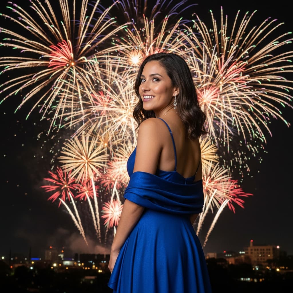 petite latino woman fireworks outdoor backdrop 31096393