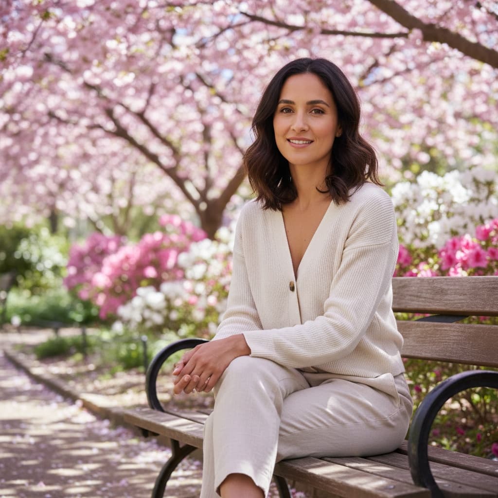 petite latino woman garden bench candid 17019583
