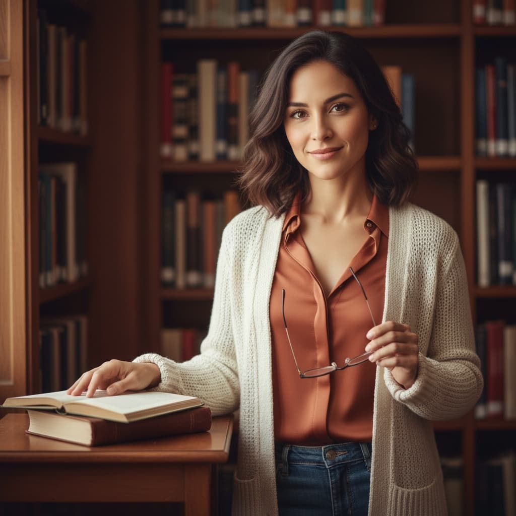 petite latino woman library bookshelf portrait 21568467