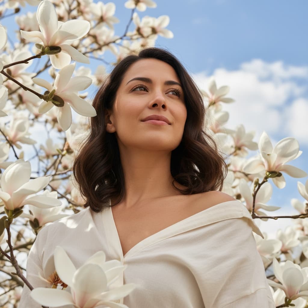 petite latino woman magnolia tree upward angle 88321005