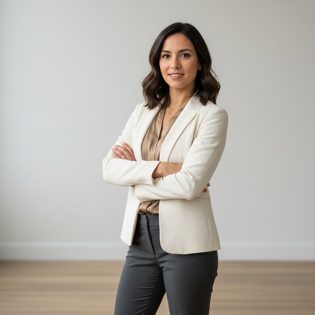 petite latino woman standing arms crossed power 84876197