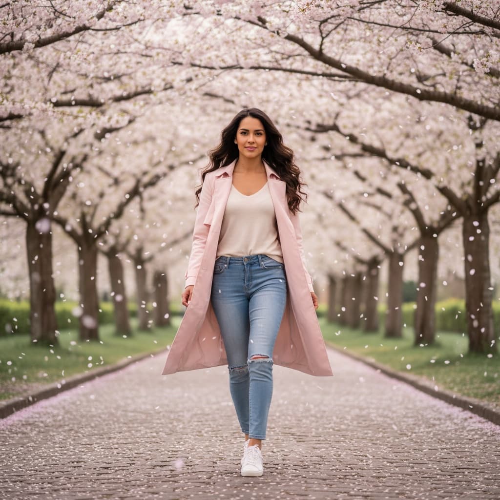petite latino woman walking blossom pathway 69916230